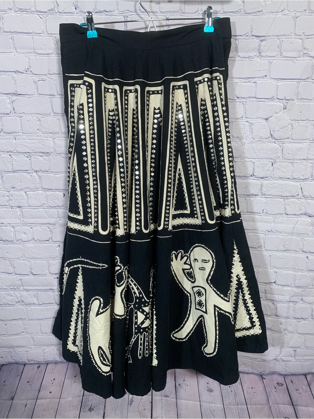 Me Jane Womens VTG Sequined Folk Art Circle Skirt Black Sz OS Indie Festival